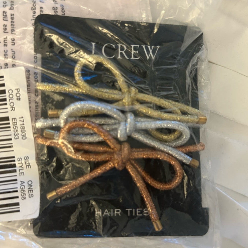 NEW J. CREW Hair Ties Bow 3 Pack - Metallic